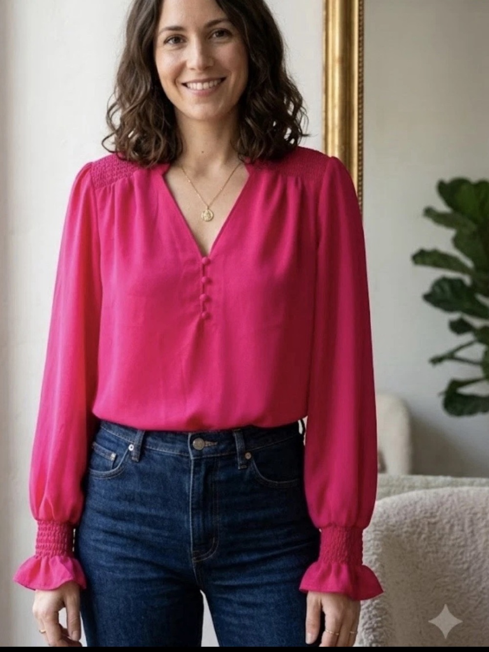 Women's Fuchsia Long-Sleeve V-Neck Blouse